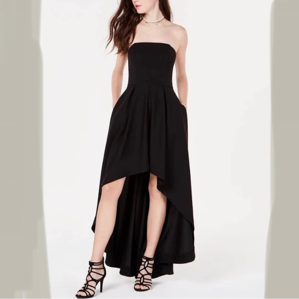 Black Flowy Strapless Prom Dress